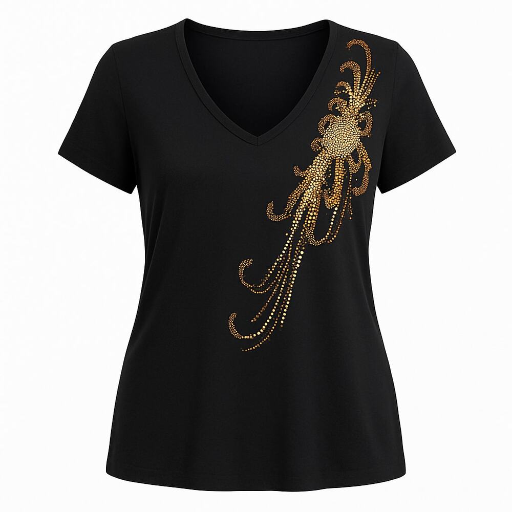 Anna Scholz Top Womens 16 Black Gold Embellished Beaded Night Out Y2K Rocker Tee